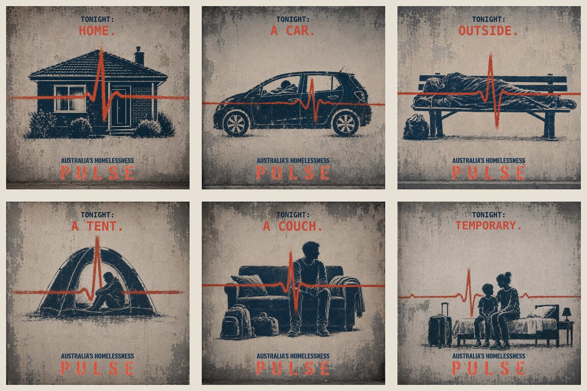 Six Tonight campaign tiles showing a home, car, rough sleeping, tent, couch and temporary accommodation